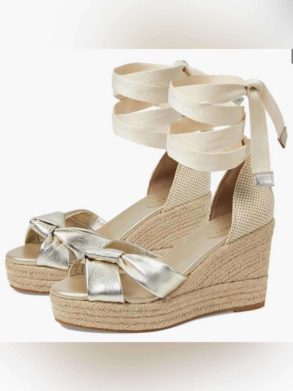 Cole Haan Metallic Gold Espadrille Wedge Sandals with Cream Ankle Ties